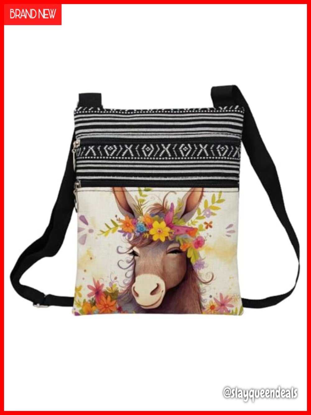 Small Crossbody Bag Floral Donkey Polyester Adjustable Strap Zipper Pouch